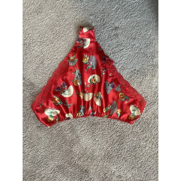 Vintage Sexy Red Satin 2-Piece Lingerie Set | Floral Print Cami Top Trim Panties - Picture 6 of 9